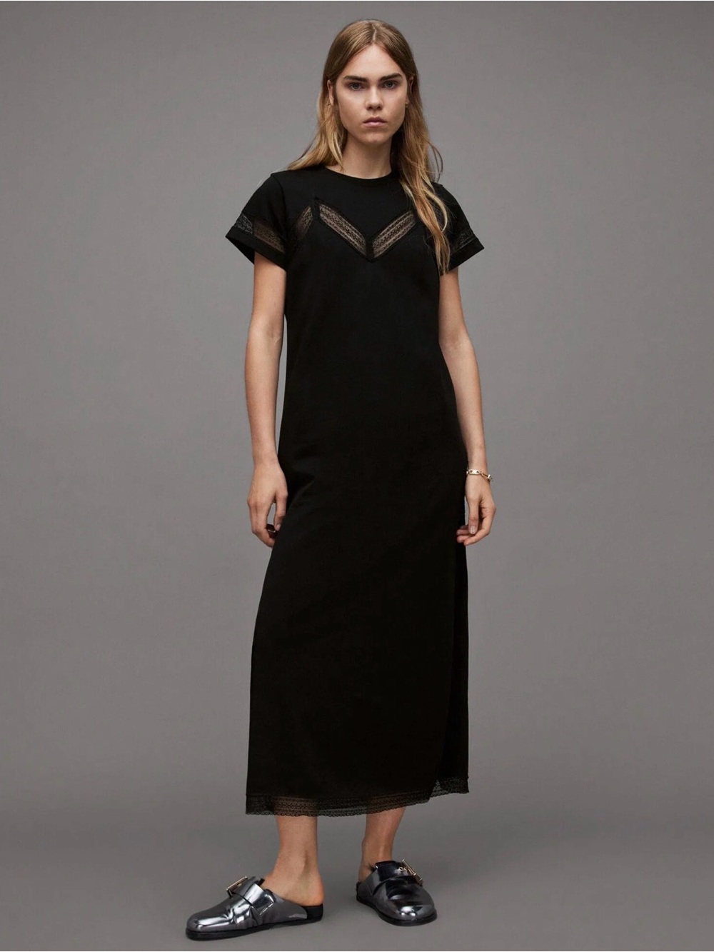 ALLSAINTS Anna Lace Maxi Dress Black Organic Cotton Short Sleeve Goth 4